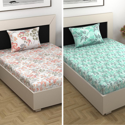 Divine Casa Cotton Single Flat 144 TC Floral Bedsheet(Pack of 2, Peach and Green)