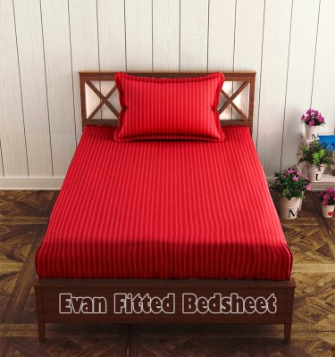 EVAN 300 TC Cotton Single Striped Fitted (Elastic) Bedsheet(Pack of 1, Red)