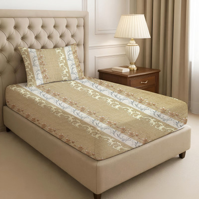 BharatLinen 144 TC Cotton Single Printed Flat Bedsheet(Pack of 1, Beige)