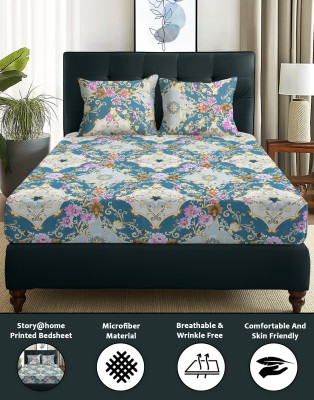 Story@home 180 TC Microfiber Double Printed Flat Bedsheet(Pack of 1, Blue & Grey)