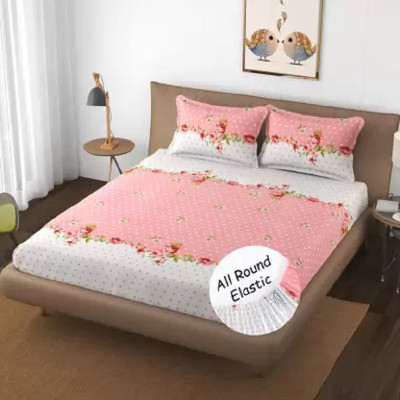 TURIYA Microfiber Double Fitted (Elastic) 180 TC Floral Bedsheet(Pack of 1, Red)