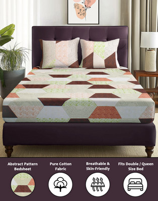 Story@home Cotton Double Flat 144 TC Printed Bedsheet(Pack of 1, Light Green, Brown)