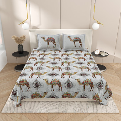 feya Cotton King Flat 180 TC Jaipuri Prints Bedsheet(Pack of 1, Green Grey)