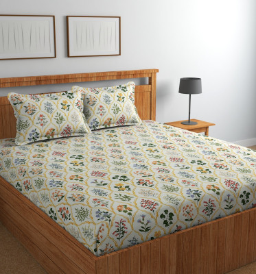 MANIQATEX 310 TC Cotton King Abstract Flat Bedsheet(Pack of 1, White, Green Red Flower)