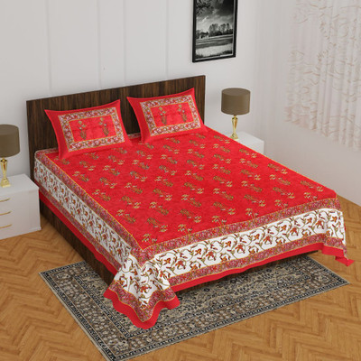 Mohini Dyeing 144 TC Cotton Double Jaipuri Prints Flat Bedsheet(Pack of 1, Red)