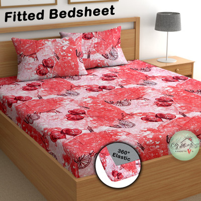 CG Homes Cotton Double Fitted (Elastic) 200 TC Floral Bedsheet(Pack of 1, Red)