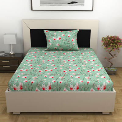 Divine Casa Cotton Single Flat 144 TC Floral Bedsheet(Pack of 1, Beach Glass)