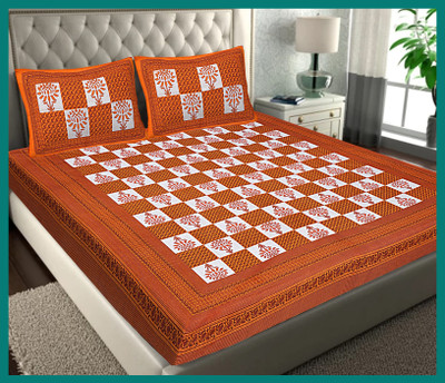 JAIPUR PRINTS Cotton Double Flat 240 TC Jaipuri Prints Bedsheet(Pack of 1, Orange)