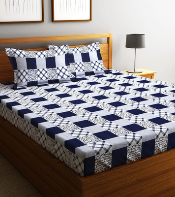 Fashion String 144 TC Microfiber Double Geometric Flat Bedsheet(Pack of 1, Blue)