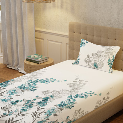 Urban Space Cotton Single Flat 200 TC Floral Bedsheet(Pack of 1, Majestic Aqua)