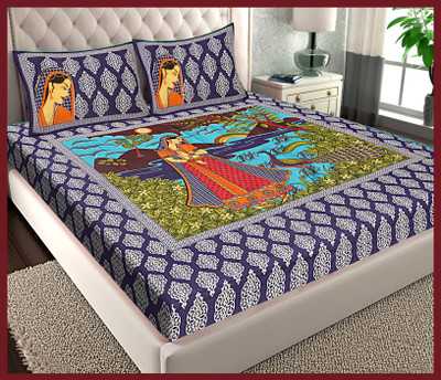 JAIPUR PRINTS Cotton Double Flat 144 TC Jaipuri Prints Bedsheet(Pack of 1, Blue)