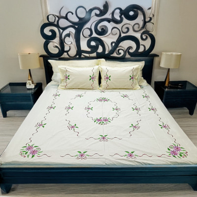 Arsha Chikankari Cotton Queen Flat 230 TC Embroidered Bedsheet(Pack of 1, Light Beige)