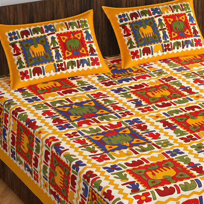 Home@shop Cotton Double Flat 144 TC Jaipuri Prints Bedsheet(Pack of 1, Yellow)