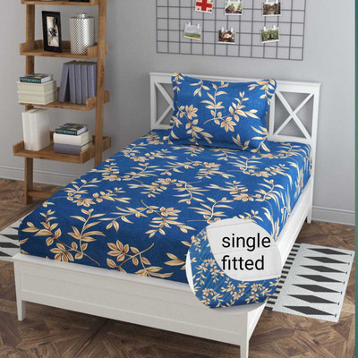real dream 120 TC Cotton Single Abstract Fitted (Elastic) Bedsheet(Pack of 1, Blue)