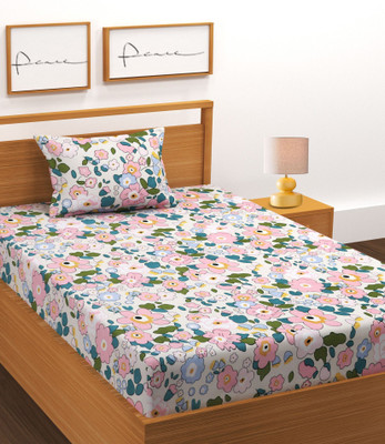 BLUEDOT Cotton Single Flat 180 TC Floral Bedsheet(Pack of 1, White, Multicolor)