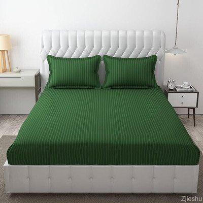 DECOR2ADMIRE Cotton King Flat 300 TC Striped Bedsheet(Pack of 1, Dark Green)