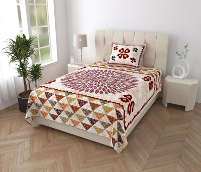 Rajasthani Traditional Cotton Single Flat 300 TC Striped Bedsheet(Pack of 1, Maroon)