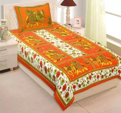 Homeline 104 TC Cotton Single Printed Flat Bedsheet(Pack of 1, Orange)