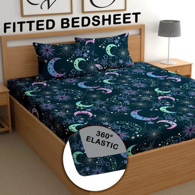 CG Homes Cotton Queen Fitted (Elastic) 180 TC Printed Bedsheet(Pack of 1, Blue moon)