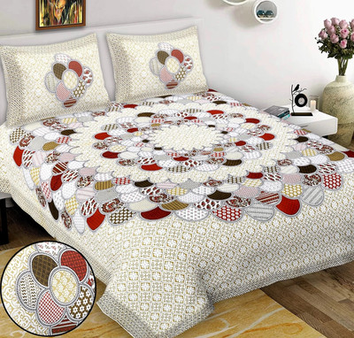 HouseOfCommon Cotton Double Flat 144 TC Jaipuri Prints Bedsheet(Pack of 1, Yellow)