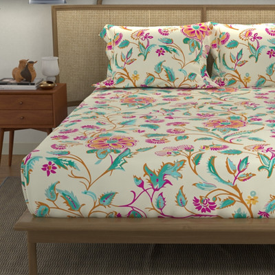 Urban Space 144 TC Cotton Double Printed Flat Bedsheet(Pack of 1, Monsoon Buttercream)