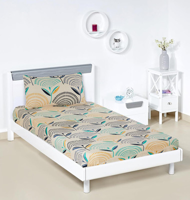 Rumps 350 TC Cotton Single Printed Fitted (Elastic) Bedsheet(Pack of 1, BLUE LINE WHITE)