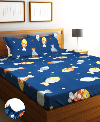Home Sizzler Microfiber King Fitted (Elastic) 144 TC Cartoon Bedsheet(Pack of 1, Design 1: Dark Blue)