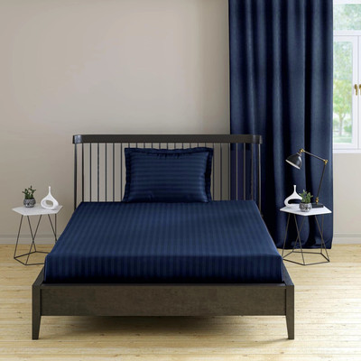 EVAN 300 TC Cotton Single Striped Flat Bedsheet(Pack of 1, Navy Blue)