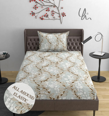 YaAkholic 400 TC Cotton Single Printed Fitted (Elastic) Bedsheet(Pack of 1, GREY Bedcover)