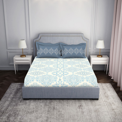 SPACES 144 TC Cotton King Paisley Fitted (Elastic) Bedsheet(Pack of 1, Light Blue)