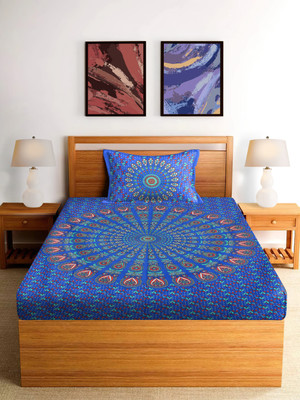 SPANGLE 144 TC Polycotton Single Printed Flat Bedsheet(Pack of 1, Blue, Red)