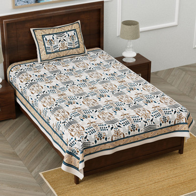 GrihSansaar Cotton Single Flat 210 TC Jaipuri Prints Bedsheet(Pack of 1, Blue)