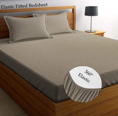 Amrange 210 TC Microfiber King Striped Fitted (Elastic) Bedsheet(Pack of 1, Beige)