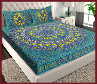 JAIPUR PRINTS Cotton Double Flat 144 TC Jaipuri Prints Bedsheet(Pack of 1, Sea green)