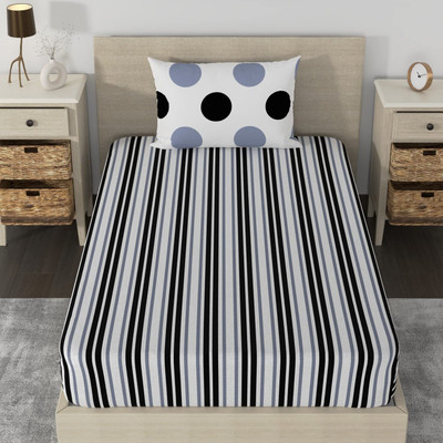 Huesland 180 TC Cotton Single Printed Fitted (Elastic) Bedsheet(Pack of 1, Stripes & Polka Dots Black & Grey)