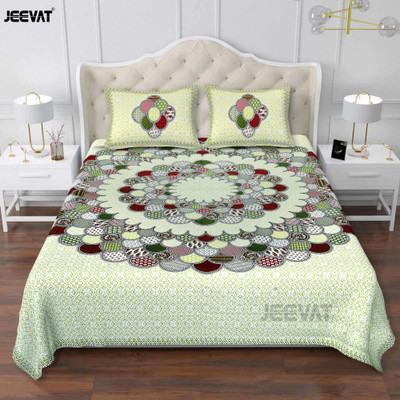 Jeevat Cotton Double Flat 220 TC Jaipuri Prints Bedsheet(Pack of 1, Green, White)