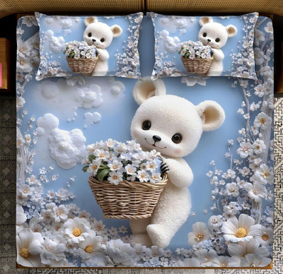 LumSaga Cotton Blend King Flat 220 TC Cartoon Bedsheet(Pack of 1, White, Blue)