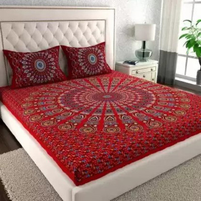 Poorak 104 TC Cotton Double Jaipuri Prints Flat Bedsheet(Pack of 1, Mandala Red)