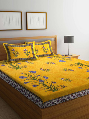 REVESHH Cotton Double Flat 212 TC Printed Bedsheet(Pack of 1, Yellow)