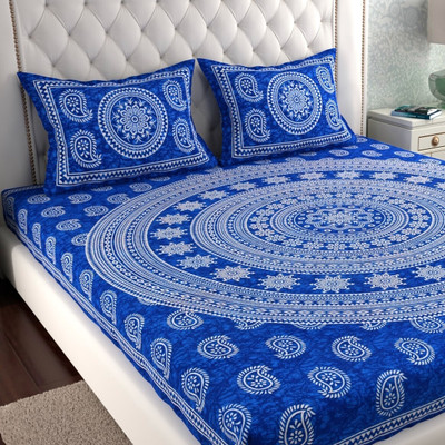 Leo Creation 144 TC Cotton Double Jaipuri Prints Flat Bedsheet(Pack of 1, Blue, White)