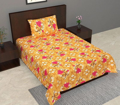 Monik Handicrafts Cotton Single Flat 144 TC Floral Bedsheet(Pack of 1, Yellow & Red)