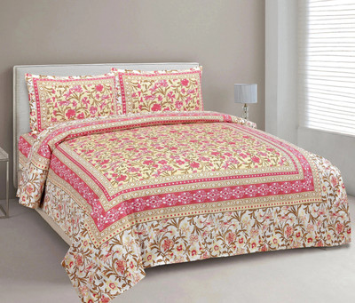 CLOTHOLOGY Cotton King Flat 240 TC Jaipuri Prints Bedsheet(Pack of 1, Mustard, Pink)