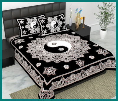 BedZone Cotton Double Flat 240 TC Jaipuri Prints Bedsheet(Pack of 1, Black)