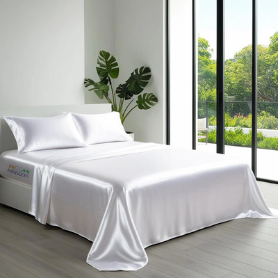 Indian Kingdom Satin King Flat 400 TC Solid Bedsheet(Pack of 1, White)