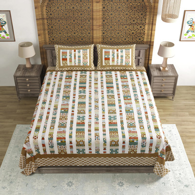 Blocks Of India Cotton Double Flat 140 TC Printed Bedsheet(Pack of 1, BROWN WHITE)