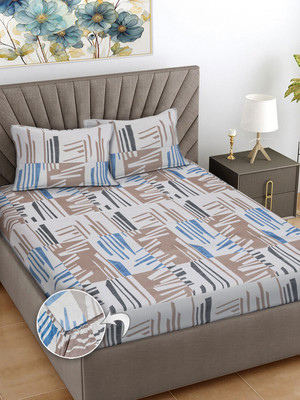 Fabinaliv 300 TC Polycotton King Abstract Fitted (Elastic) Bedsheet(Pack of 1, Light Grey)