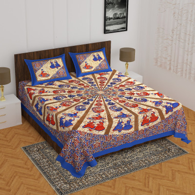 ankhoi 160 TC Cotton Double Jaipuri Prints Flat Bedsheet(Pack of 1, Blue)