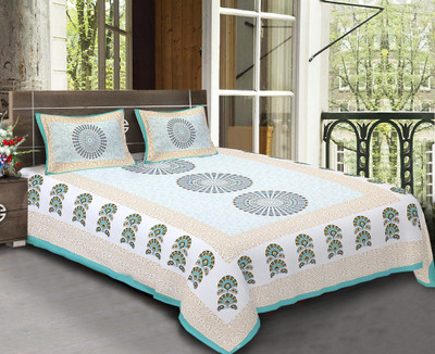 E ELMA 250 TC Cotton Double Jaipuri Prints Flat Bedsheet(Pack of 1, Green)