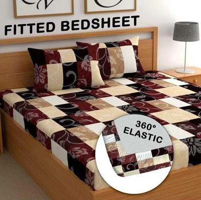 TrueBuy 310 TC Cotton Double Printed Fitted (Elastic) Bedsheet(Pack of 1, Multicolor)