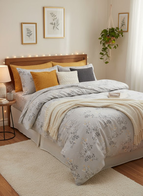 Whimsical wonders Cotton Super King, King Flat 240 TC 3D Printed Bedsheet(Pack of 1, Light Grey)